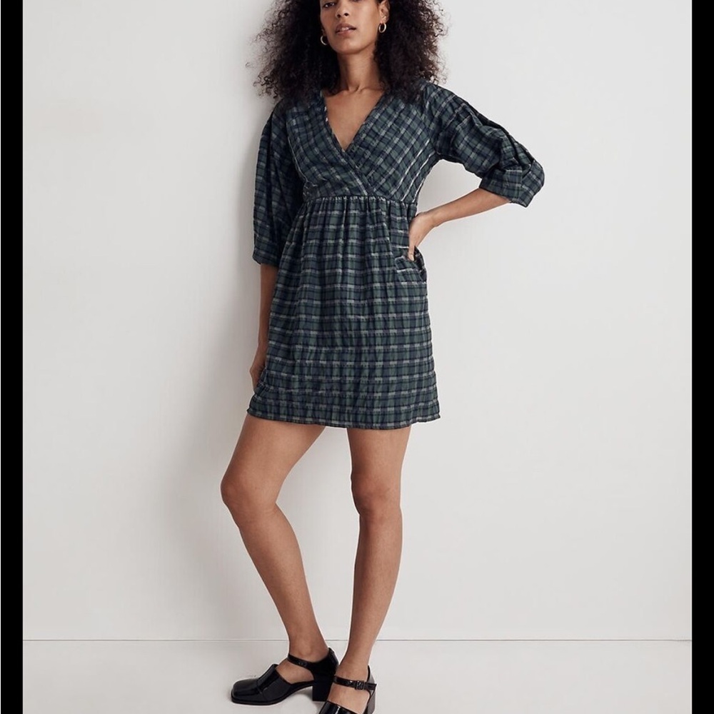 Madewell Marianna Raglan Puff Sleeve Plaid Green 
Mini dress Size S Retail $120